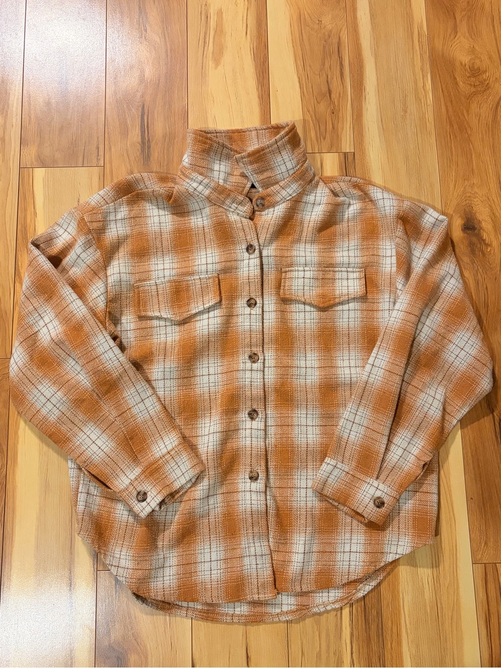 Women's Orange Plaid Button-Front Shirt Jacket